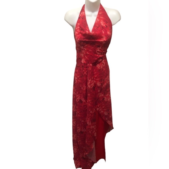 Halston Heritage Chiffon Halter Maxi Dress Sz. 16 Red Draped Neck Cockta… - Picture 1 of 12